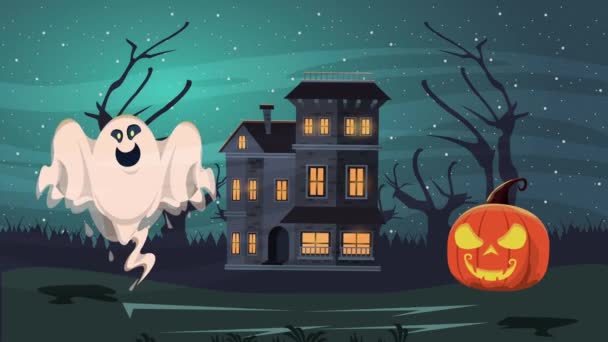 Feliz halloween escena animada con calabaza y casa embrujada — Vídeos de Stock