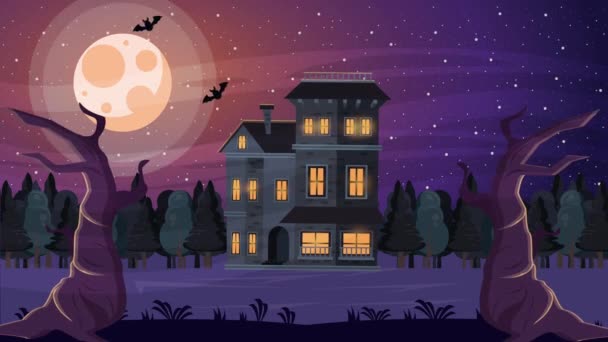 Feliz halloween animada cena com casa assombrada à noite — Vídeo de Stock