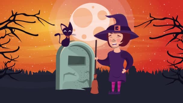 Glad halloween animerad scen med häxa på kyrkogården — Stockvideo