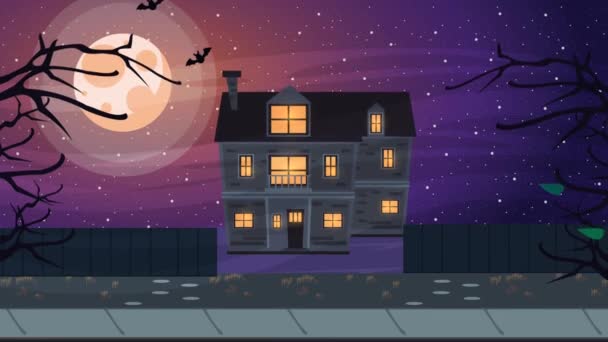 Χαρούμενο Χάλογουιν κινούμενη σκηνή με στοιχειωμένο σπίτι τη νύχτα — Αρχείο Βίντεο