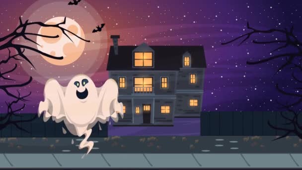 Gelukkig halloween geanimeerde scène met spook en spookhuis — Stockvideo