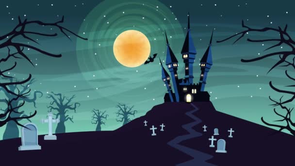 Happy halloween animated scene with castle in cemetery — Stock Video