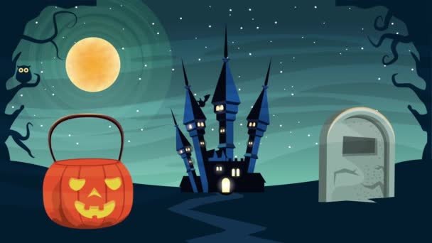 Feliz halloween escena animada con castillo y calabaza en el cementerio — Vídeos de Stock