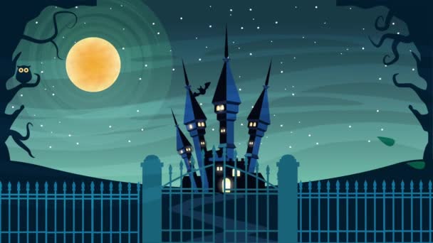Szczęśliwy halloween animowana scena z zamku na cmentarzu — Wideo stockowe