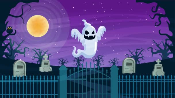 Happy halloween animated scene with ghost in cemetery — Stock Video