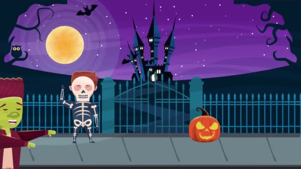 Feliz halloween escena animada con niños disfrazados y castillo en el cementerio — Vídeos de Stock