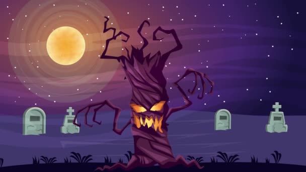Feliz halloween escena animada con árbol encantado en el cementerio — Vídeos de Stock