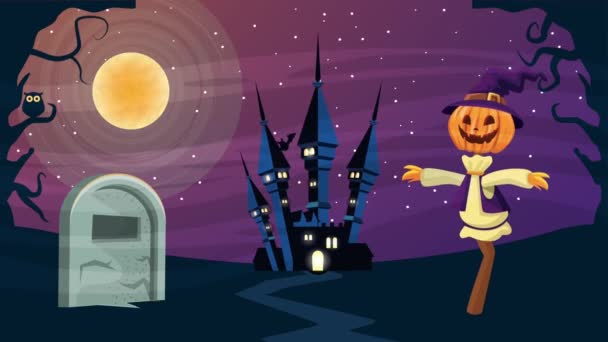 Glad halloween animerad scen med fågelskrämma och slott på kyrkogården — Stockvideo