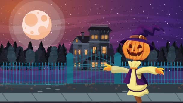 Szczęśliwy halloween animowana scena ze strachem na wróble i nawiedzony dom — Wideo stockowe