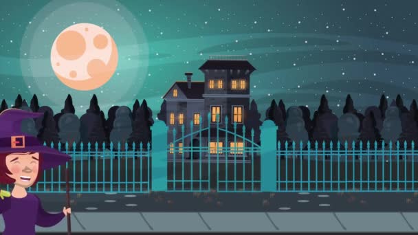 Feliz halloween escena animada con casa embrujada y niños disfrazados — Vídeos de Stock