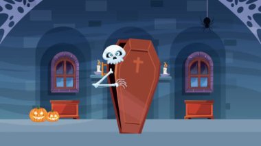 Mutlu cadılar bayramı animasyon sahnesi, tabutta iskelet