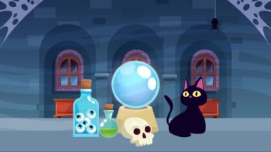 Mutlu cadılar bayramı animasyonu sahneleri Kedi ve cadı unsurlarıyla