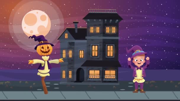 Feliz halloween animada cena com espantalho e casa assombrada — Vídeo de Stock