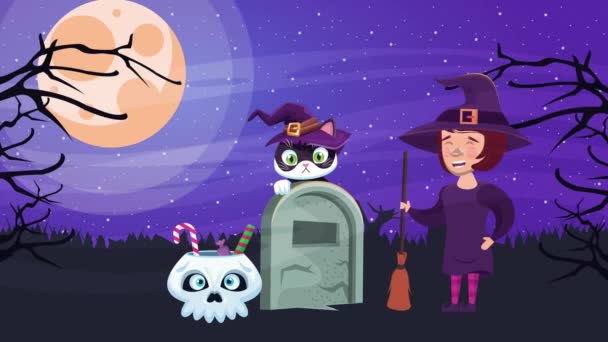 Feliz halloween animada escena con poco gato y bruja en el cementerio — Vídeo de stock