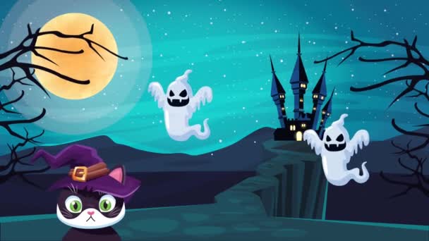 Feliz halloween animado escena con poco gato y fantasmas — Vídeo de stock