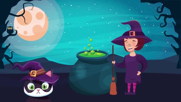 Szczęśliwy halloween animowana scena z małym kotem i czarownicą i kotłem — Wideo stockowe