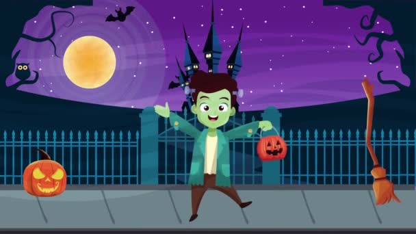 Щаслива анімаційна сцена на Хелловін з Франкштейном і замком — стокове відео
