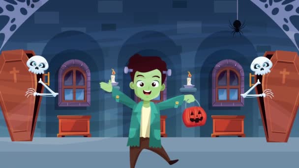 Glad halloween animerad scen med frankstein och skelett — Stockvideo