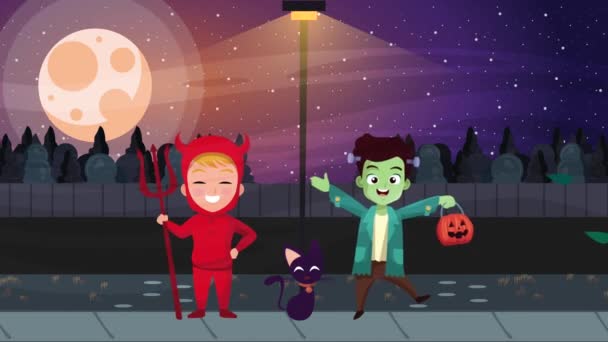 Szczęśliwy halloween animowane sceny z Frankstein i diabeł — Wideo stockowe