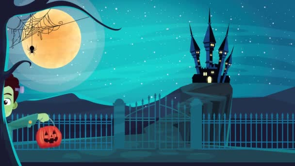 Glad halloween animerad scen med kostymerade barn och slott — Stockvideo