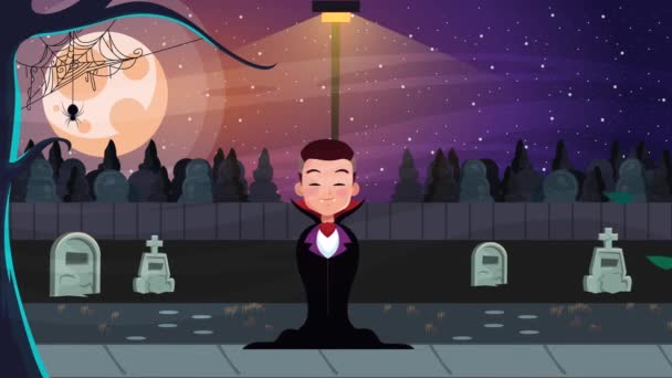 Feliz halloween escena animada con el conde Drácula en el cementerio — Vídeos de Stock