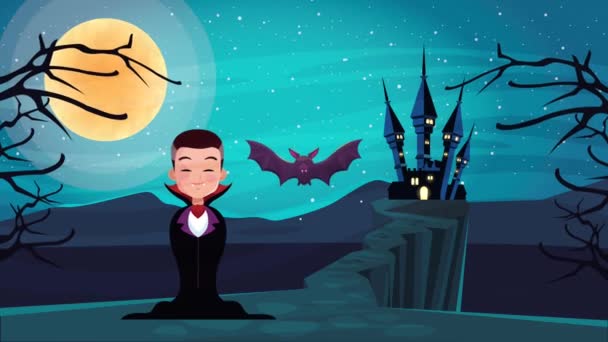 Gelukkig halloween geanimeerde scène met graaf dracula en kasteel 's nachts — Stockvideo