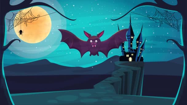 Gelukkig halloween geanimeerde scène met graaf dracula en kasteel 's nachts — Stockvideo