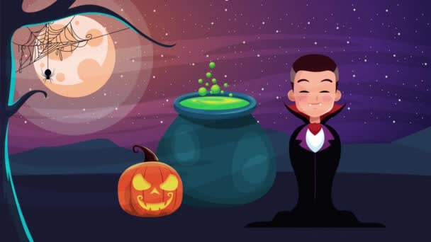 Felice halloween scena animata con dracula conte e calderone strega — Video Stock