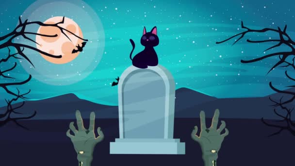Feliz halloween animada cena com gato no cemitério — Vídeo de Stock