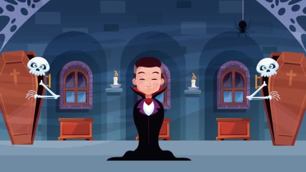 Щаслива анімаційна сцена на Хеллоуїн з графом Дракулою і скелетами в трунах — стокове відео