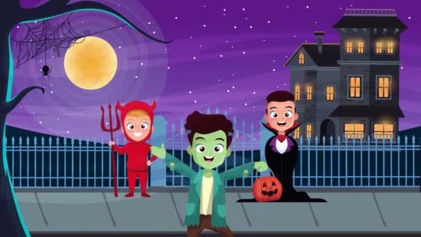 Glad halloween animerad scen med kostymerade barn och hemsökt hus — Stockvideo