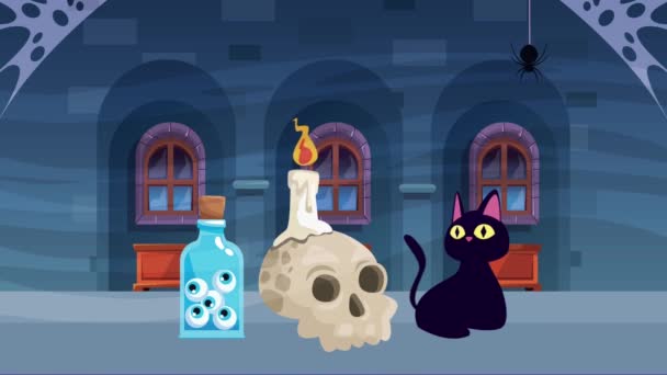 Happy Halloween animierte Szene mit Katzen- und Hexenelementen — Stockvideo