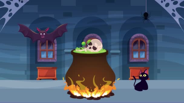Szczęśliwy halloween animowana scena z kotłem czarownica i kot — Wideo stockowe