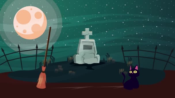 Happy halloween animated scene with little cat in cemetery — Stock Video