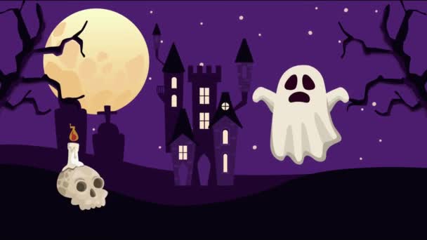 Feliz halloween escena animada con vela en el cráneo y el fantasma — Vídeo de stock