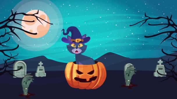 幸せなハロウィンアニメシーンとともに墓地に小さな猫 — ストック動画