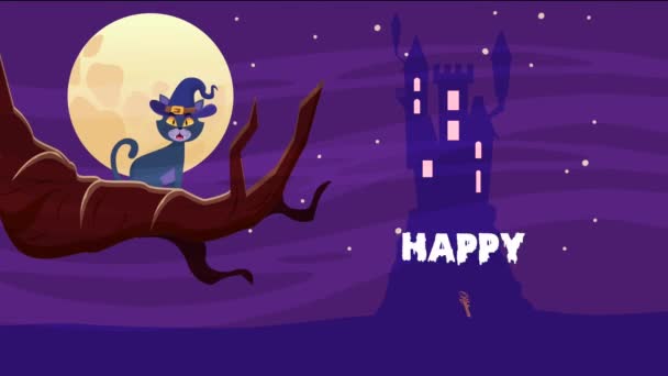 Szczęśliwy halloween animowana scena z małym kotem w gałęzi drzewa — Wideo stockowe
