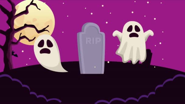 Feliz halloween escena animada con fantasma en el cementerio — Vídeos de Stock