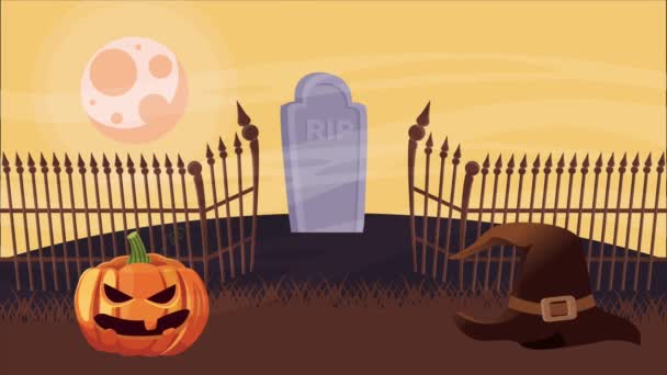 Feliz halloween escena animada con calabaza y sombrero de bruja en el cementerio — Vídeo de stock