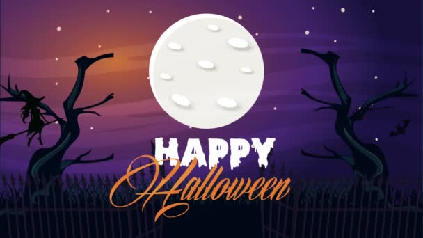 Feliz halloween escena animada con bruja volando en la luna y letras — Vídeos de Stock