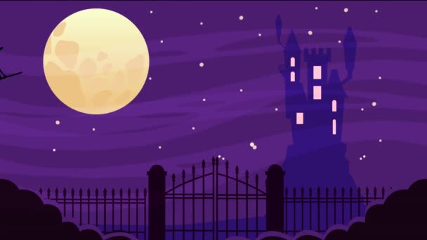 Happy Halloween animierte Szene mit Hexe, die in Mond und Burg fliegt — Stockvideo