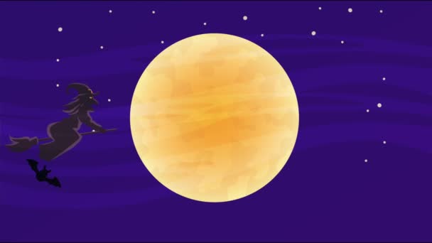 Feliz halloween escena animada con bruja volando en la luna — Vídeo de stock