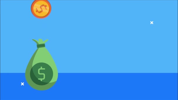 Финансовая анимация с денежной сумкой и монетами — стоковое видео
