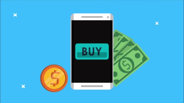 Συσκευή smartphone με χρήματα δολάρια τεχνολογία ηλεκτρονικού εμπορίου — Αρχείο Βίντεο