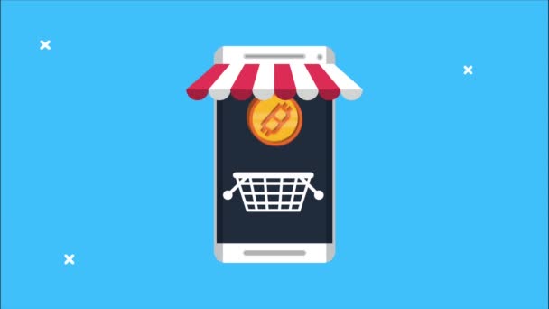 Smartfon z koszykiem i monetą technologia e-commerce — Wideo stockowe