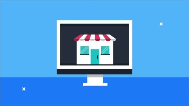 Urządzenie biurkowe z dolarami i technologia sklepu budowy e-commerce — Wideo stockowe