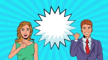 İfade balonlu genç çift pop sanat animasyonu