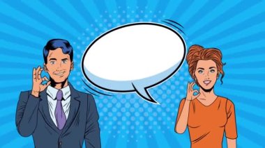 Konuşma baloncuklu genç çift pop sanat animasyonu