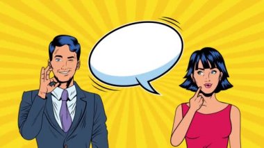 Konuşma baloncuklu genç çift pop sanat animasyonu