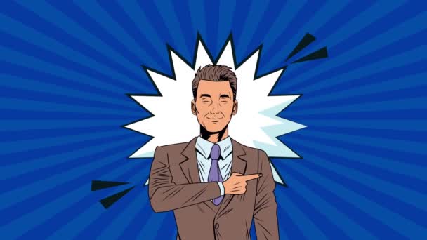 Élégant homme d'affaires avec expresion éclaboussure pop art style animation — Video